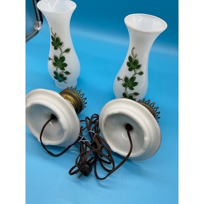 Pair Vintage Hand-Painted Glass Lamps 14" Shamrock Clover TESTED WORKS
