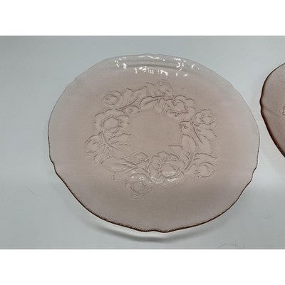 Vintage Pink Pressed Glass Luncheon Plates Set Of 2 Floral Art Deco Tableware
