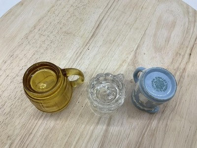 Vintage Wedgwood Shot Glasses Set Of 3 Mini Mugs Blue Clear Amber Glass Handles