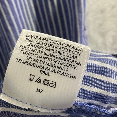 Terra & Sky Shift Dress Women 0X Blue Striped Cotton Smocked Neck Tie Sleeve