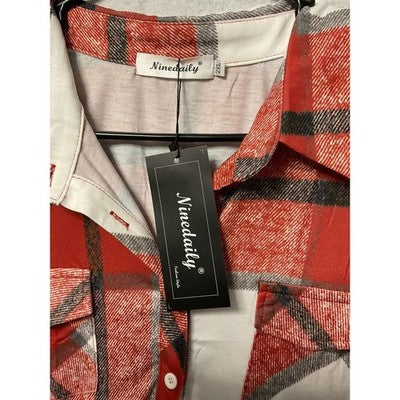 Ninedaily Shirt Womens 2XL Red White Plaid Button Up Tunic Top Pockets Casual