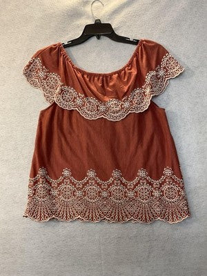 Fever Blouse Womens XL Orange Off Shoulder Embroidered Ruffle Short Sleeve Boho