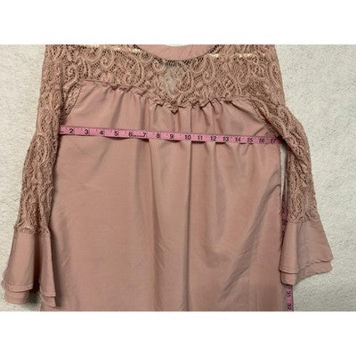 Zanzea Shirt Womens Small Pink Lace Bell Sleeve High Neck Blouse Top Casual