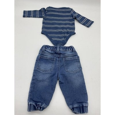 First Impressions Bodysuit Pants Set Boys 3-6 Months Blue Striped Denim Outfit