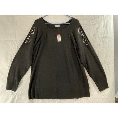 Jaclyn Smith Sweater Womens Plus 3X Black Cold Shoulder Rhinestone Holiday Knit