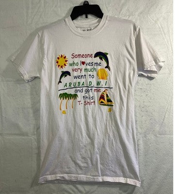 Sea Man Aruba Souvenir T-Shirt Mens Medium White Cotton Graphic Tee Travel