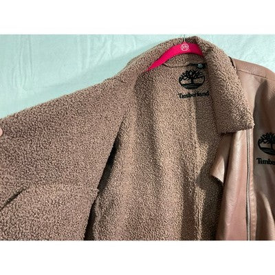 Timberland Moto Jacket Women XL Mauve Faux Leather Sherpa Lined Graphic Logo