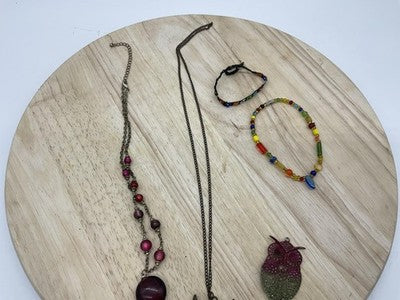 Lot 5 Womens Jewelry Owl Pendant Necklaces Beaded Bracelets Multicolor Boho