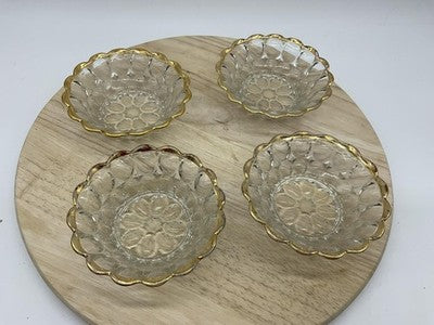 Dessert Bowls Set Of 4 Gold Rim Scalloped Circles Pattern Vintage Clear Glass
