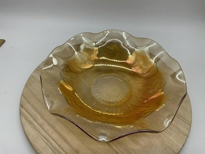 Vintage Amber Carnival Glass Serving Bowl Floral Ruffle Edge Gold Iridescent MCM