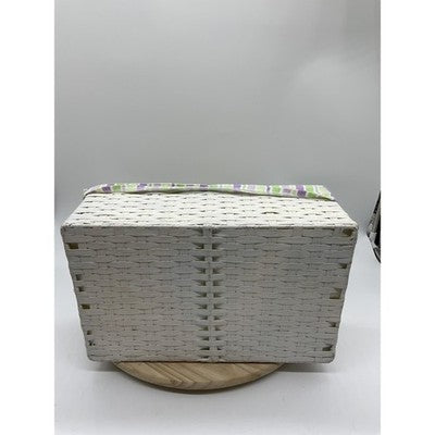 White Wicker Rectangular Basket Handle Lined Striped Fabric Insert Storage Tray