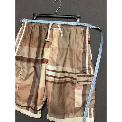 Banana Split XL Swim Shorts Brown Plaid Cargo Elastic Waist Mesh Lining