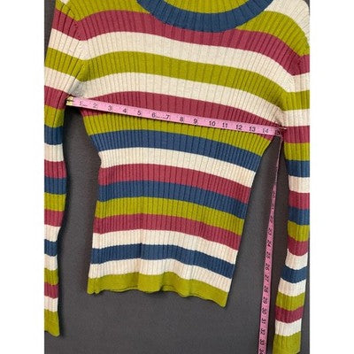Poof Apparel Small Ribbed Stripe Sweater Green Pink Blue Cream Stretch Knit