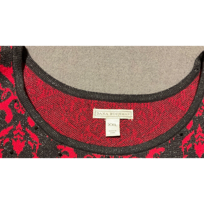 Dana Buchman XXL Red Black Damask Jacquard Knit Sweater Top Holiday