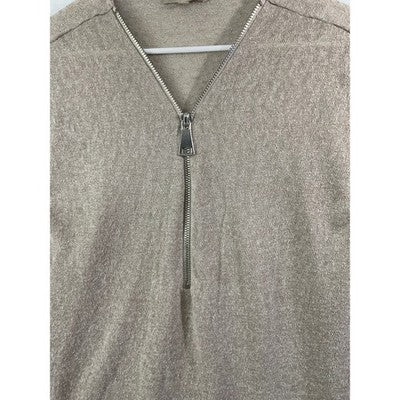Joan Vass Studio Knit Top Womens Medium Taupe Half Zip Short Sleeve High Low Hem