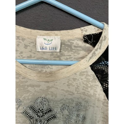 L&B Life Shirt Womens Medium Beige Black Lace Cross Embellished Raglan Top