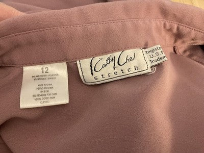 Cathy Che Blouse Womens 12 Pink Collared 3/4 Sleeve Embroidered Stretch Top