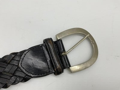 Braided Leather Belt Mens Medium Large Black Solid Brass Buckle Dress Casual