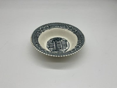 Vintage Blue White Transferware Soup Cereal Bowl USA Floral Border House Scene