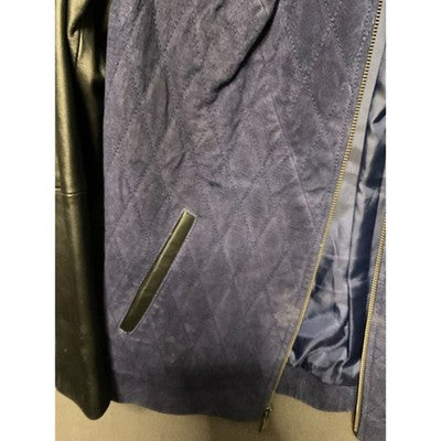 Denim & Co XS Navy Leather Sleeve Quilted Jacket Genuine Leather Front