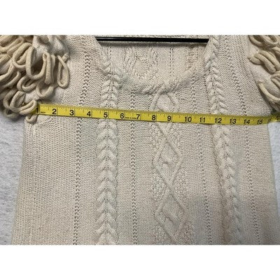Sweater Womens Small Ivory Cable Knit Short Sleeve Loop Fringe Pullover Angora