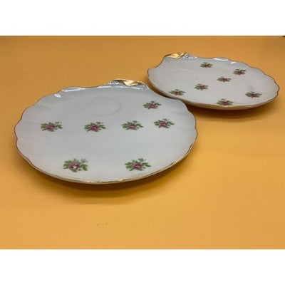 Rose Pattern Luncheon 2 Plates  7.5" Gold Trimmed Scalloped Edge VTG