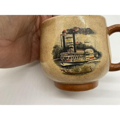 Stoneware Coffee Mugs Set Of 2 Beige Train Steamboat Graphic Unmarked VTG