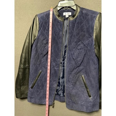 Denim & Co XS Navy Leather Sleeve Quilted Jacket Genuine Leather Front