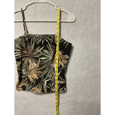 Be Smart Tank Top Womens Small Black Green Brown Leaf Print Strap Lined USA Y2K