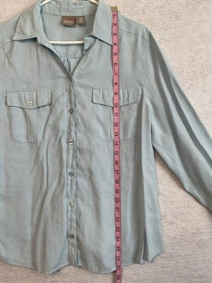 Chico's Shirt Womens 2 Blue Collared Button Front Roll Tab Sleeve Blouse Top