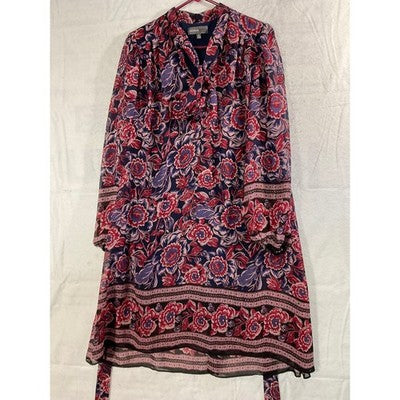 Donna Ricco Floral Tie Neck Dress Womens 14 Navy Red Chiffon Long Sleeve Pockets