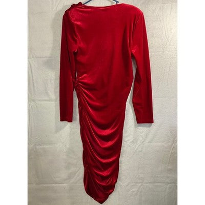 Shein Curve Midi Dress Womens 0XL Red Velvet Ruched V-Neck Bodycon Holiday Party