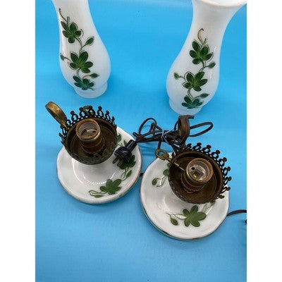 Pair Vintage Hand-Painted Glass Lamps 14" Shamrock Clover TESTED WORKS