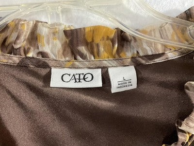 Cato Blouse Womens Large Brown Floral Chiffon Ruffle V Neck 3/4 Sleeve Tunic Top