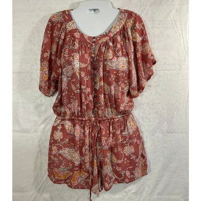 VICI Romper Women Small Pink Paisley Button Front Elastic Waist Summer Boho