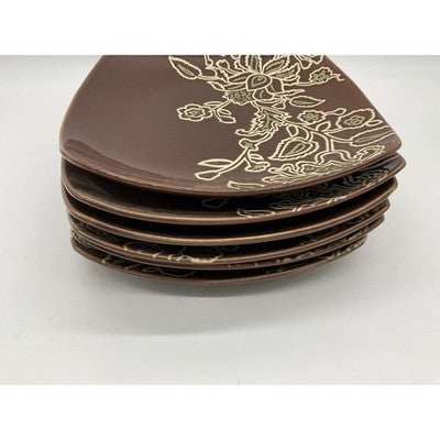 Jaclyn Smith Square 7" Plates Set of 6  Brown Floral Stoneware Salad Dessert