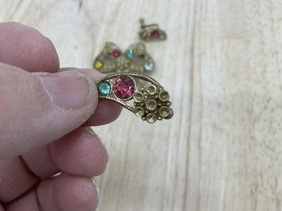 Vintage Bow Brooch Screw Back Earrings Set Rhinestone Pearl Gold Tone Pastel