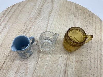 Vintage Wedgwood Shot Glasses Set Of 3 Mini Mugs Blue Clear Amber Glass Handles