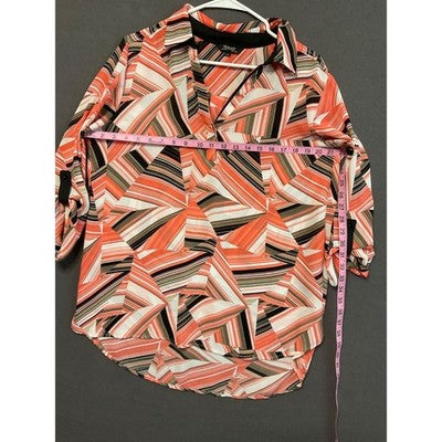 Renuar Sheer Button-Down Blouse L Geometric Striped Print Long Sleeve