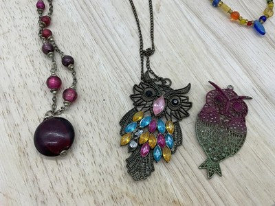 Lot 5 Womens Jewelry Owl Pendant Necklaces Beaded Bracelets Multicolor Boho