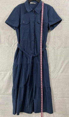 Lucky Brand Dress Womens Large Blue Shirt Midi Button Front Belted Tiered
