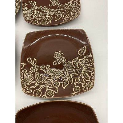 Jaclyn Smith Square 7" Plates Set of 6  Brown Floral Stoneware Salad Dessert
