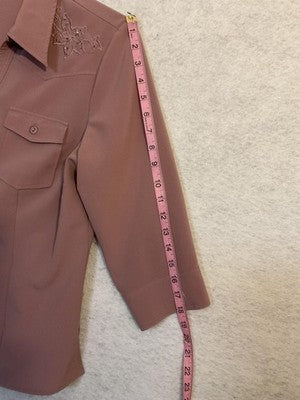 Cathy Che Blouse Womens 12 Pink Collared 3/4 Sleeve Embroidered Stretch Top