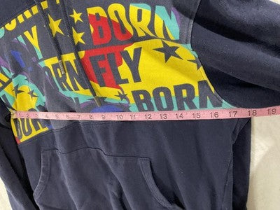 Born Fly Hoodie Mens Small Blue Pullover Graphic Logo Fleece Kangaroo Pocket