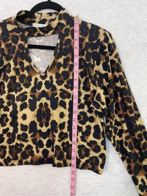 Full Circle Trends Blouse Womens 1X Brown Leopard Mock Neck Long Sleeve Crop