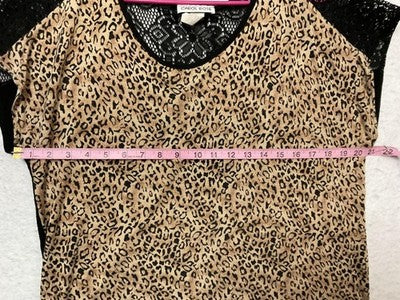 VTG Carol Rose Blouse Women XL Beige Leopard Print Lace Yoke Cap Sleeve Knit Top