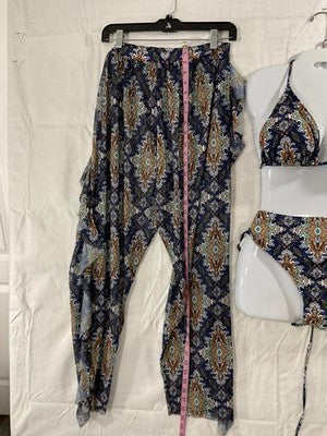 Bikini Set Womens 1XL Blue Paisley 3 Piece High Waist Sheer Ruffle Pants Swim