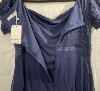 Berylove Dress Womens 2XL Navy Blue Sequin Lace Off Shoulder Maxi Gown New