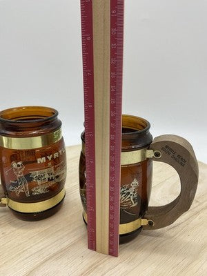 Vintage Siesta Ware Myrtle Beach Amber Glass Souvenir Beer Mugs Set Of 2 USA