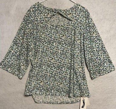 LUYAA Blouse Womens 2XL Blue Floral 3/4 Slit Sleeve Boat Neck Tunic Top Stretch